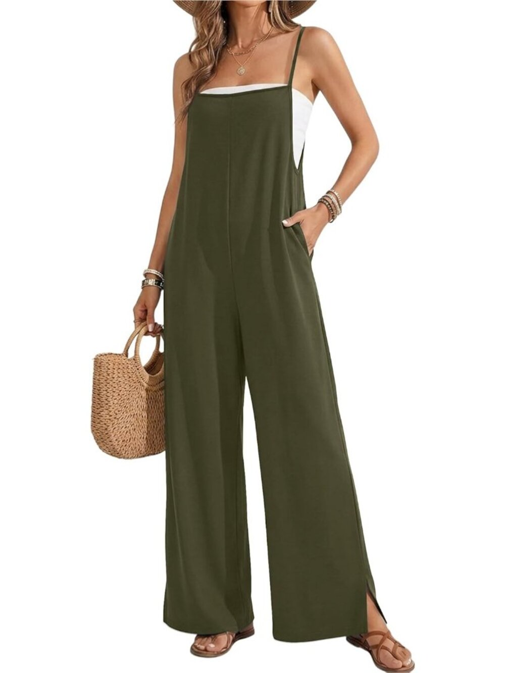 Women Jumpsuits Army Green Casual Summer Wide Leg Sleeveless Rompers With Pocket